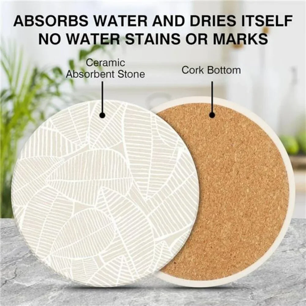 Ceramic drink coasters set of 2 absorbent marble leaf cork back coffee table dec